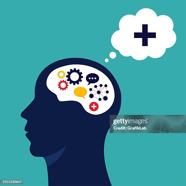 mind structure with gears and neural network featuring positive thought bubble - mindfulness background stock illustrations