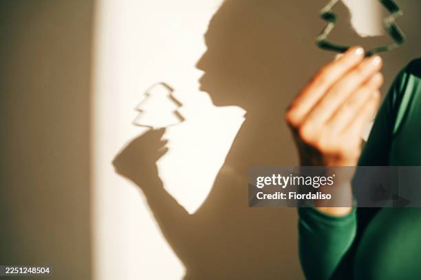 shadow of a person holding a christmas tree cutout against a wall in warm light - theaterdecor stockfoto's en -beelden