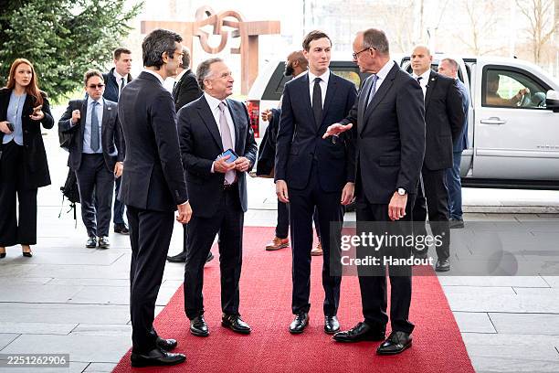 In this handout image provided by the German Government Press Office , German Chancellor Friedrich Merz welcomes U.S. Negotiator Jared Kushner and US...