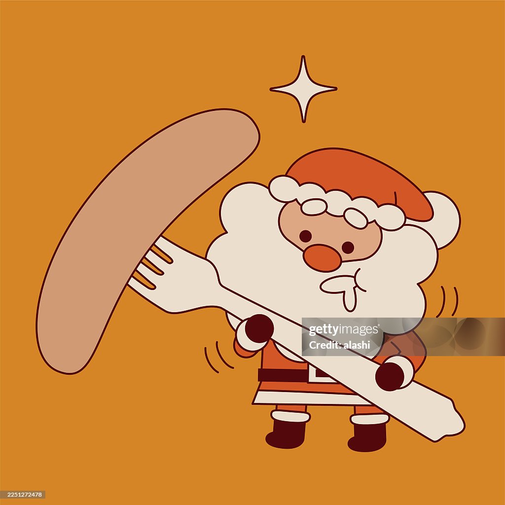 A cute Santa Claus with a fluffy white cotton beard, holding a big fork with a big sausage on it, hungry, drooling, full of appetite. Front view, black outline with flat colors, minimalist style