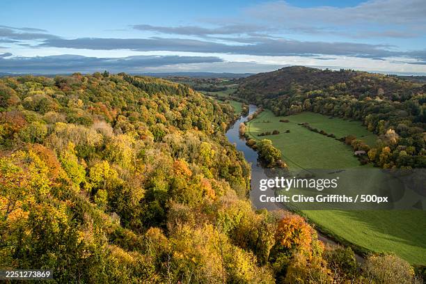 high angle view of a winding river flowing through a lush green and autumnal forest valley under a cloudy sky,forest of dean,united kingdom,uk,symonds yat east - forest of dean stock pictures, royalty-free photos & images