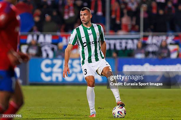 Roman Yakuba of Zaglebie Lubin looks to pass the ball during the PKO BP Ekstraklasa 25/26 match between Rakow Czestochowa and Zaglebie Lubin at Rakow...
