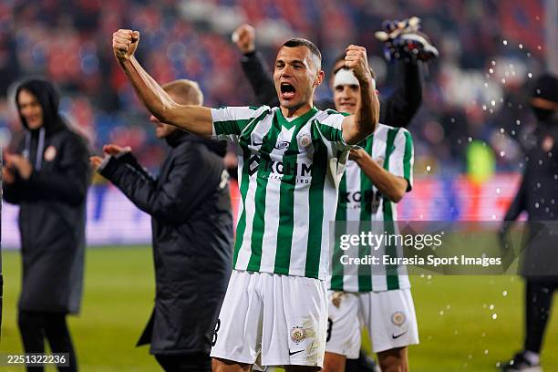 Zaglebie Lubin players celebrate their victory following the PKO BP Ekstraklasa 25/26 match between Rakow Czestochowa and Zaglebie Lubin at Rakow...