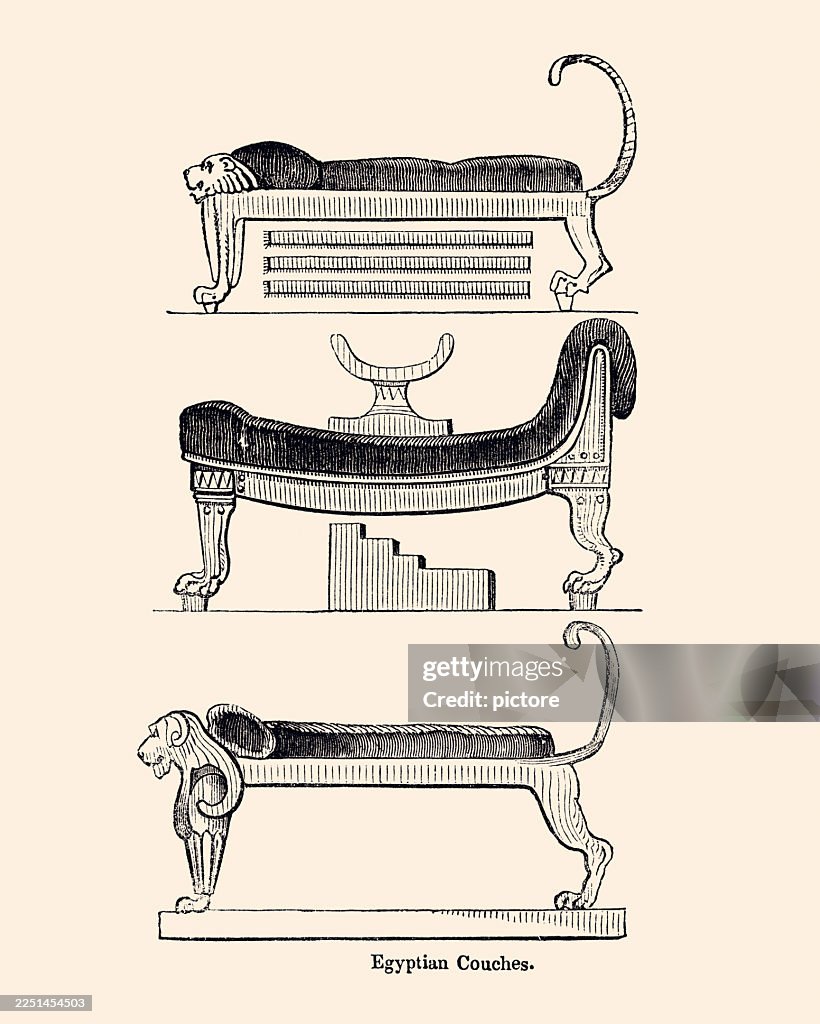 EGYPTIAN COUCHES : These 19th-century illustrations represent the Egyptian Revival style.