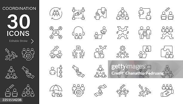coordination line vector icon set. pixel perfect. editable stroke. stock illustration. icon symbol, relationship, organization, management - project manager stock illustrations