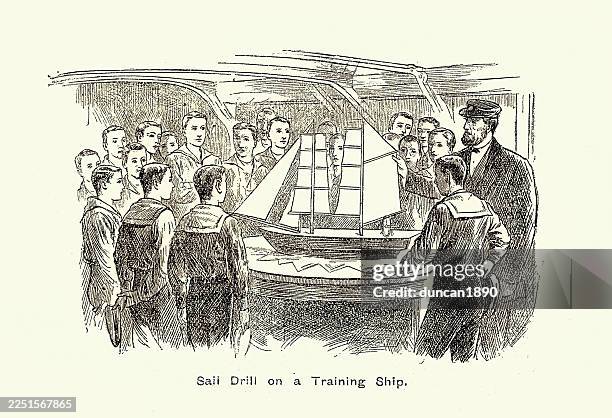 maritime history, victorian cadet sailors learning about sails on a training ship, vintage illustration 19th century, 1880s - bootcamp exercise stock illustrations