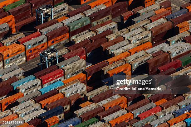 Los Angeles, CA Shipping containers are seen at the Port of Los Angeles from the Goodyear Blimp on Thursday, Dec. 11, 2025 in Los Angeles, CA.