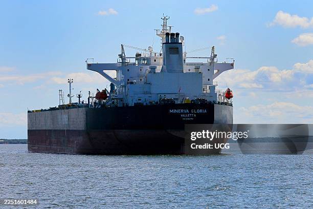 Maracaibo, Venezuela. . An oil tanker is seen anchored in Lake Maracaibo after loading crude oil at the Bajo Grande Refinery port. The Trump...