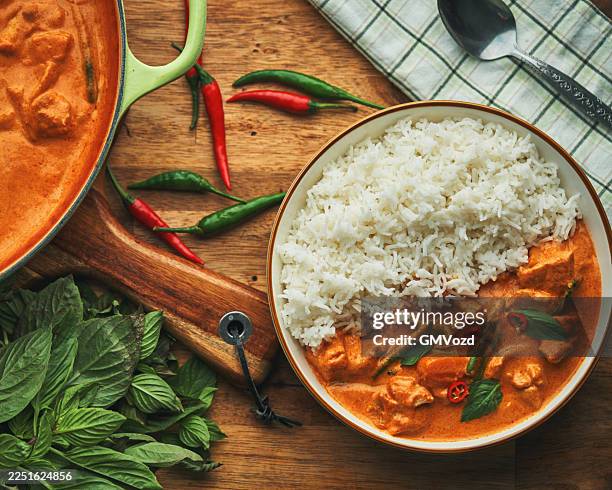 thai red curry served with basmati rice - winter squash stock pictures, royalty-free photos & images