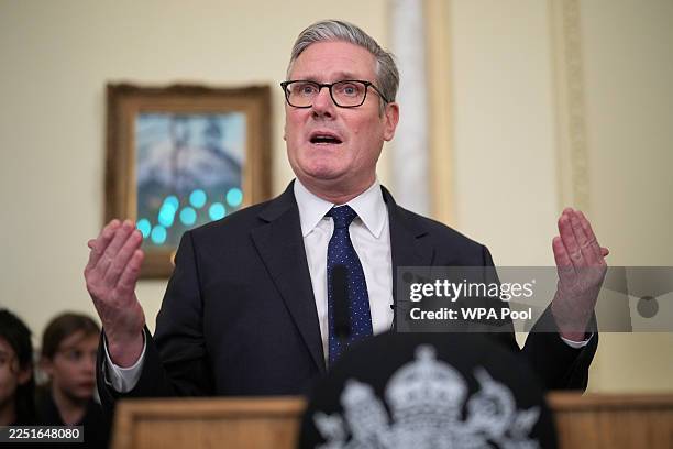British Prime Minister Keir Starmer speaks as he hosts a reception to celebrate Chanukah at Downing Street on December 16, 2025 in London, England....