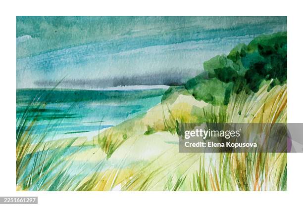 a watercolor sketch depicting a summer seascape with coastal dunes on a sunny day. a colorful watercolor vector illustration of the baltic sea and the baltic spit. - seascape stock illustrations