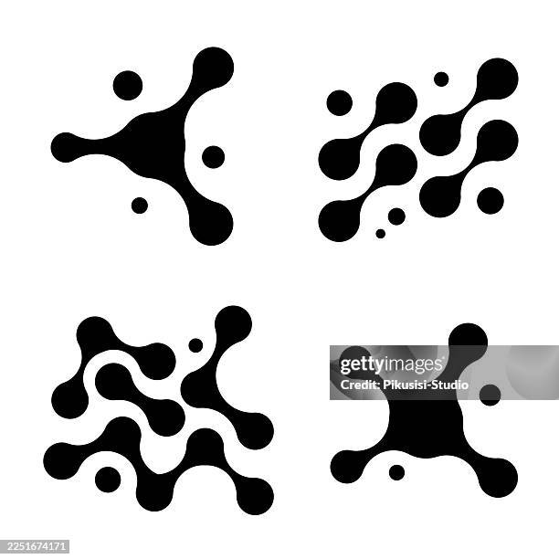 abstract black molecule icons set on white background, minimal organic network and molecular shape symbols - simulation lab stock illustrations