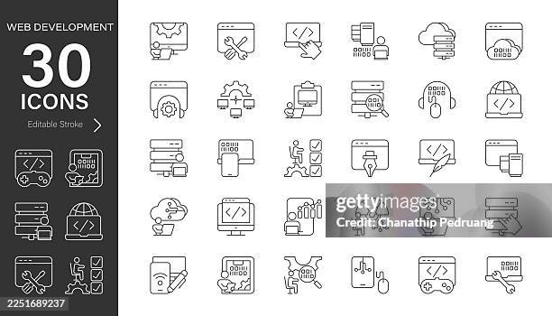web development line vector icon set. pixel perfect. editable stroke. stock illustration. icon symbol, technology, maintenance, website - computer programmer stock illustrations