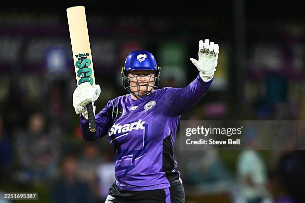 Lizelle Lee of the Hurricanes celebrates scoring a half century during the WBBL match between Hobart Hurricanes and Perth Scorchers at Ninja Stadium,...