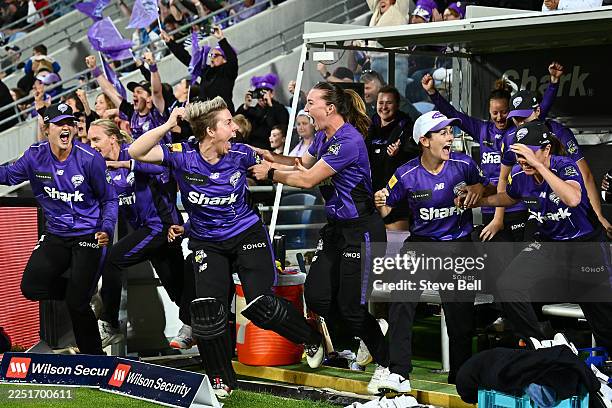 Hurricanes players celebrates the win during the WBBL match between Hobart Hurricanes and Perth Scorchers at Ninja Stadium, on December 13, 2025 in...
