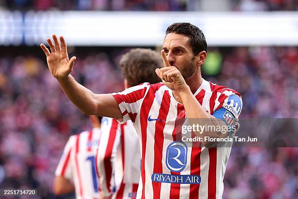 Koke of Atletico de Madrid celebrates scoring his team's first goal during the LaLiga EA Sports match between Atletico de Madrid and Valencia CF at...