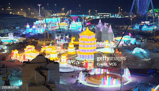 Aerial view of the 27th Harbin Ice-Snow World under construction on December 13, 2025 in Harbin, Heilongjiang Province of China. The 27th edition of...