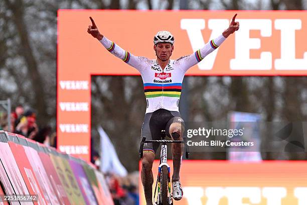 Mathieu Van Der Poel of Netherlands and Team Alpecin-Deceuninck celebrates at finish line as race winner during the 16th UCI Cyclo-Cross World Cup...