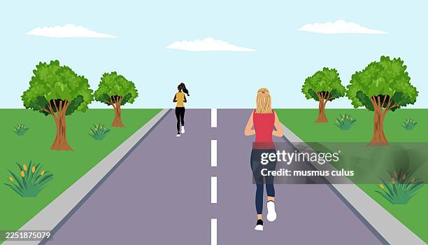 women running outdoors on a tree-lined road - road runner stock illustrations
