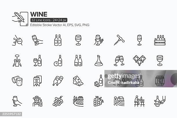 wine line icon set · 32 icons - champagne coloured stock illustrations