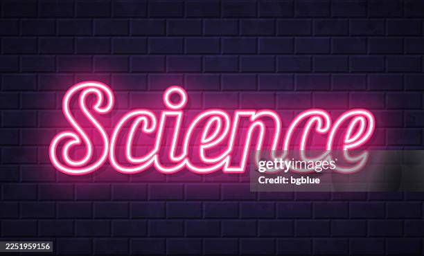 science - glowing neon text on brick wall background - scientist lab night stock illustrations
