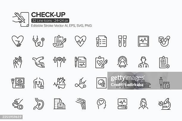 check up line icon set · 32 icons - endoscope stock illustrations