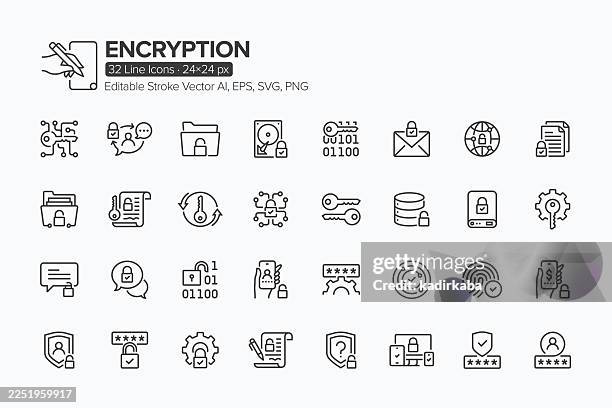 ilustraciones, imágenes clip art, dibujos animados e iconos de stock de conjunto de iconos de línea de cifrado · 32 iconos - encriptación