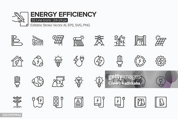 energy efficiency line icon set · 32 icons - energy efficient lightbulb stock illustrations