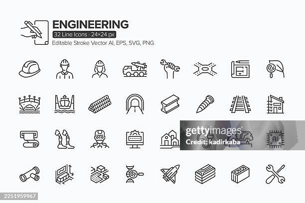 engineering line icon set · 32 icons - research and development construction stock illustrations