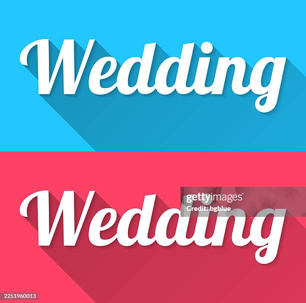 wedding - flat design with long shadow on blue and red background - proposal template stock illustrations