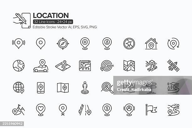 location line icon set · 32 icons - road trip stock illustrations