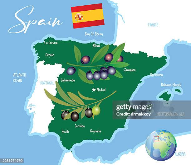 spain map with olive branch - alicante food stock illustrations