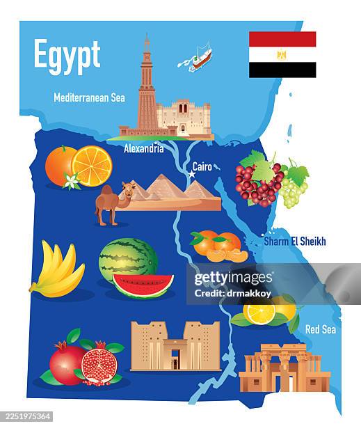 egypt map with fruits and pyramids - nile river agriculture stock illustrations