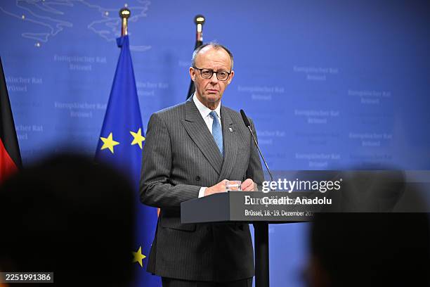German Chancellor Friedrich Merz, who attended the EU Leadersâ Summit, speaks during a press conference in Brussels, Belgium on December 19, 2025.