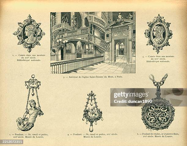 history renaissance, decorative art, cameo, pendants, saint-etienne du mont paris 16th century, vintage illustration - balustrade stock illustrations