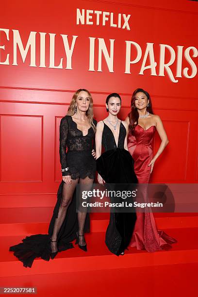 Philippine Leroy-Beaulieu, Lily Collins and Ashley Park attend the "Emily In Paris" - Season Five - Netflix Paris Premiere at Le Grand Rex on...