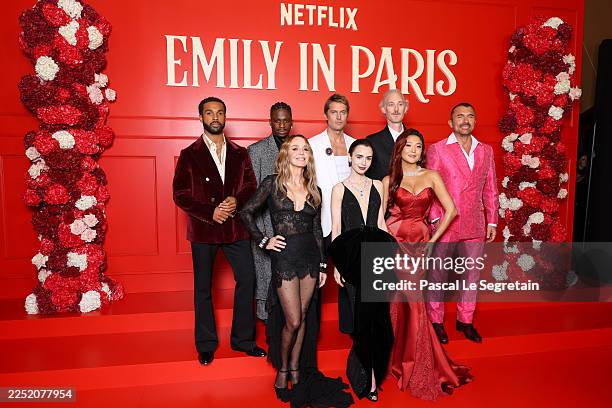 Lucien Laviscount, Samuel Arnold, Philippine Leroy-Beaulieu, Lucas Bravo, Lily Collins, Bruno Gouery, Ashley Park and William Abadie attend the...