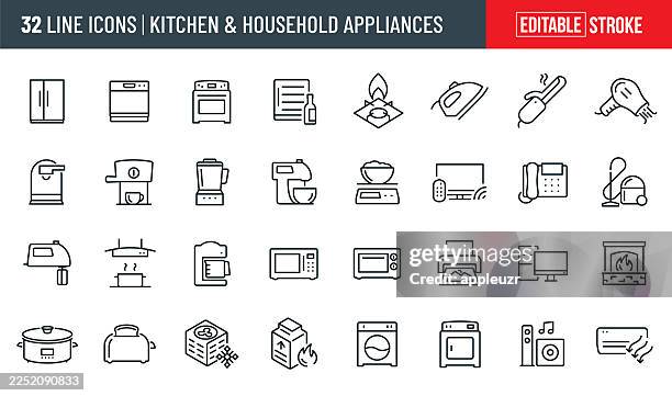 kitchen and household appliances thin line icons - editable stroke - microwave stock illustrations