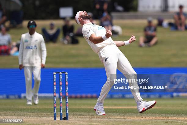 New Zealand's Michael Rae celebrates the wicket of West Indies' Tevin Imlach during day three of the 3rd international Test cricket match between New...