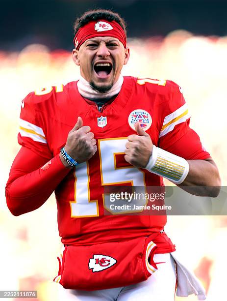 Patrick Mahomes of the Kansas City Chiefs pumps up the crowd prior to the game against the Los Angeles Chargers at Arrowhead Stadium on December 14,...
