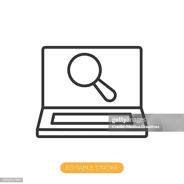 laptop search icon. editable stroke thin line icon - looking backwards stock illustrations