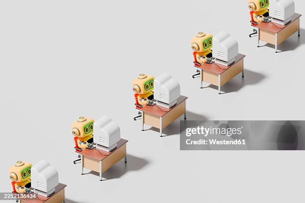 3d robots working at computers in repetitive office pattern - empty work station stock illustrations