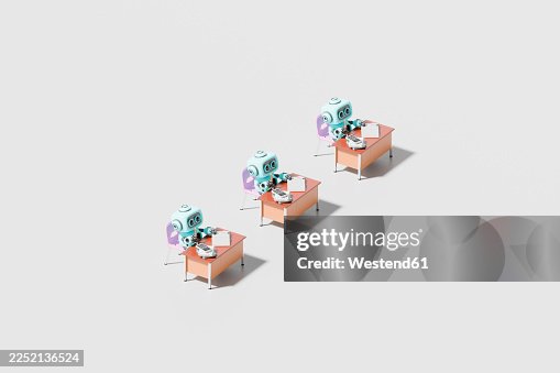 3D robots working with computers in a modern office pattern 3D robots working with computers in a modern office pattern