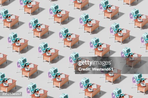 Multiple 3d robots working at desks with computers in office pattern Multiple 3d robots working at desks with computers in office pattern