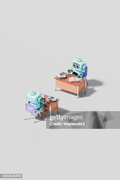 3d robot working at desks in an office coding and learning environment - empty school desk stock illustrations