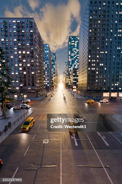 aerial 3d view of urban intersection at night with city lights - empty crosswalk stock illustrations