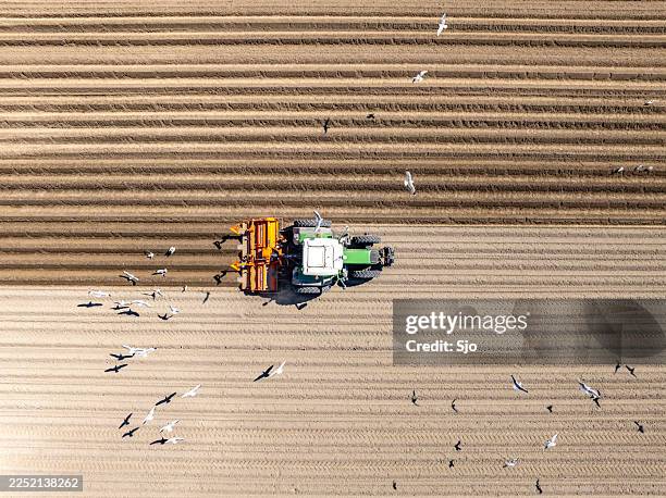 tractor cultivando el suelo visto desde arriba - campo arado fotografías e imágenes de stock