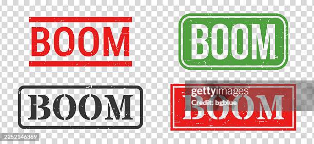 boom - rubber stamp set on blank background - colour explosion transparent background stock illustrations