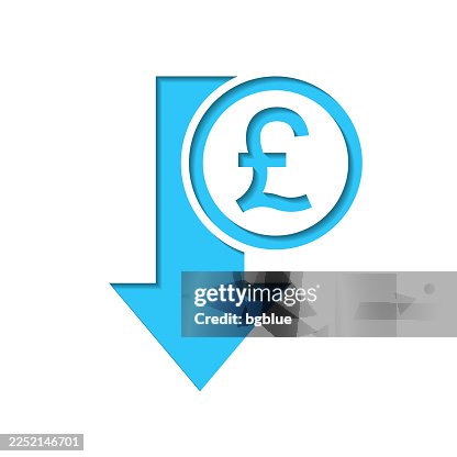 Pound decrease. Icon cut out on white paper with blue background Pound decrease. Icon cut out on white paper with blue background