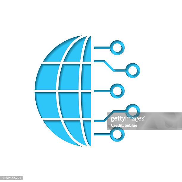 globe and circuit board. icon cut out on white paper with blue background - telecom technology stock illustrations